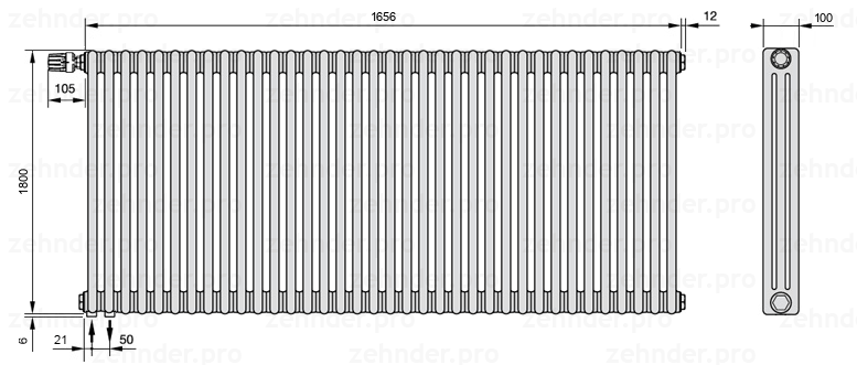Схема (чертеж) Радиатор Zehnder Charleston 3180/36 №V001 Белый глянцевый RAL 9016